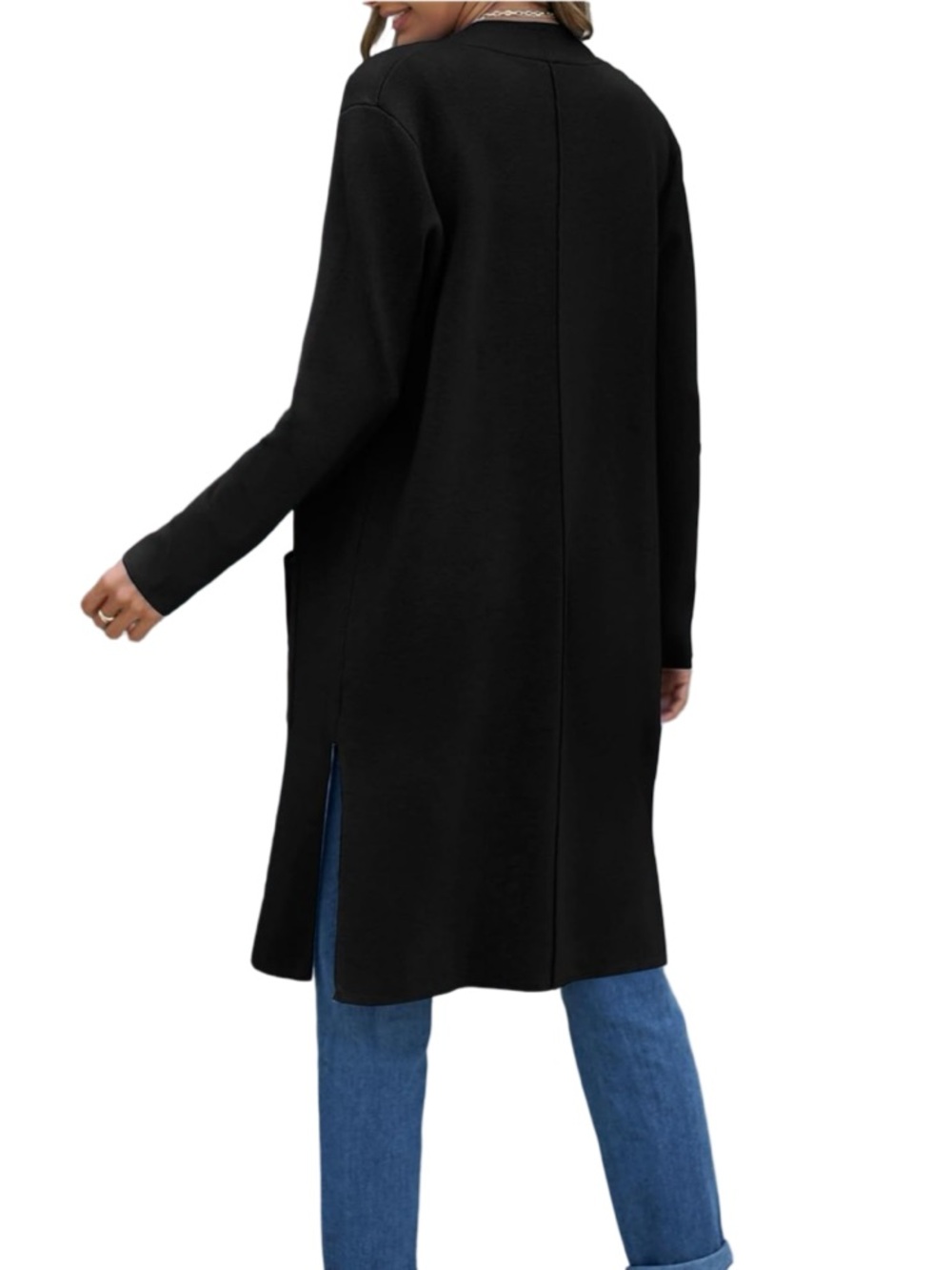 Black Open-Front Long Cardigan with Patch Pockets Slits Cover up, sweater - Picture 3 of 12